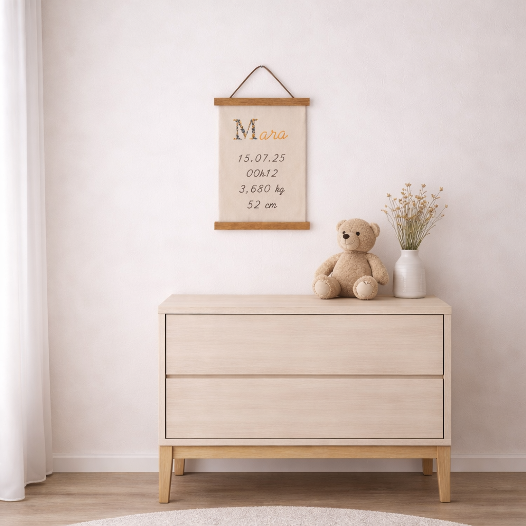 Affiche personnalisée avec le prénom et les informations de naissance accrochée dans une chambre de bébé douce.