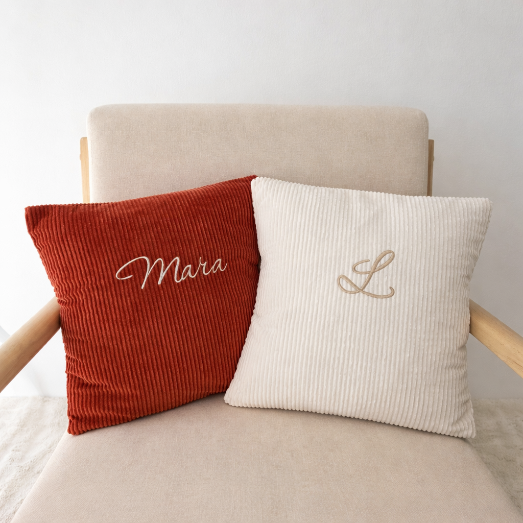 Coussins bébé personnalisés avec prénom et initiale en velours côtelé écru et terracotta